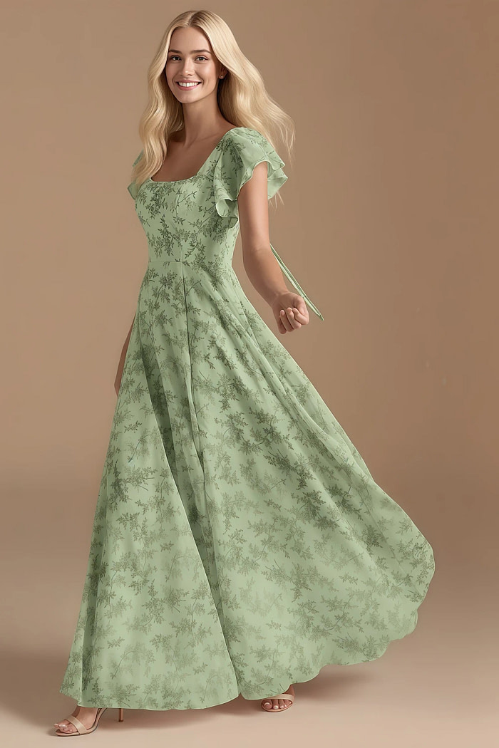 Exclusivity Green Floral Bridesmaid Dresses A Line Square Neck In Chiffon With Cap Sleeved Ruffled And Slits Image633697 - Akaks