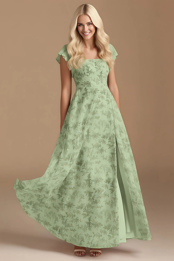 Exclusivity Green Floral Bridesmaid Dresses A Line Square Neck In Chiffon With Cap Sleeved Ruffled And Slits Image702149 - Akaks