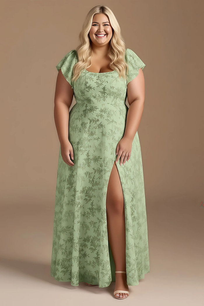 Exclusivity Green Floral Bridesmaid Dresses A Line Square Neck In Chiffon With Cap Sleeved Ruffled And Slits Image732426 - Akaks