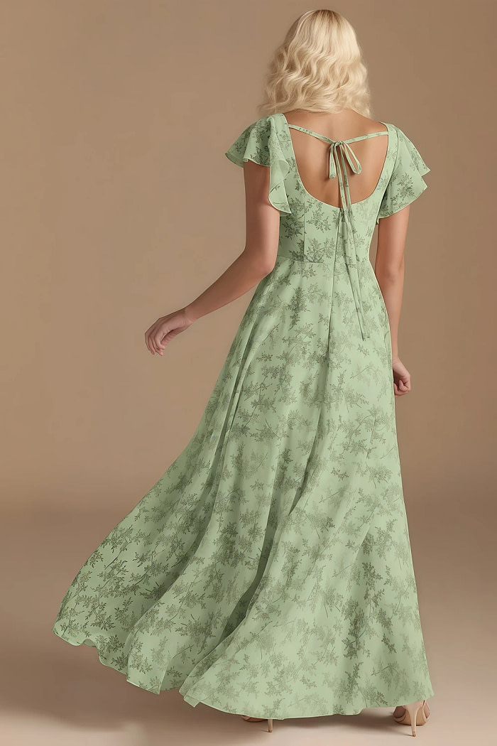 Exclusivity Green Floral Bridesmaid Dresses A Line Square Neck In Chiffon With Cap Sleeved Ruffled And Slits Image758102 - Akaks