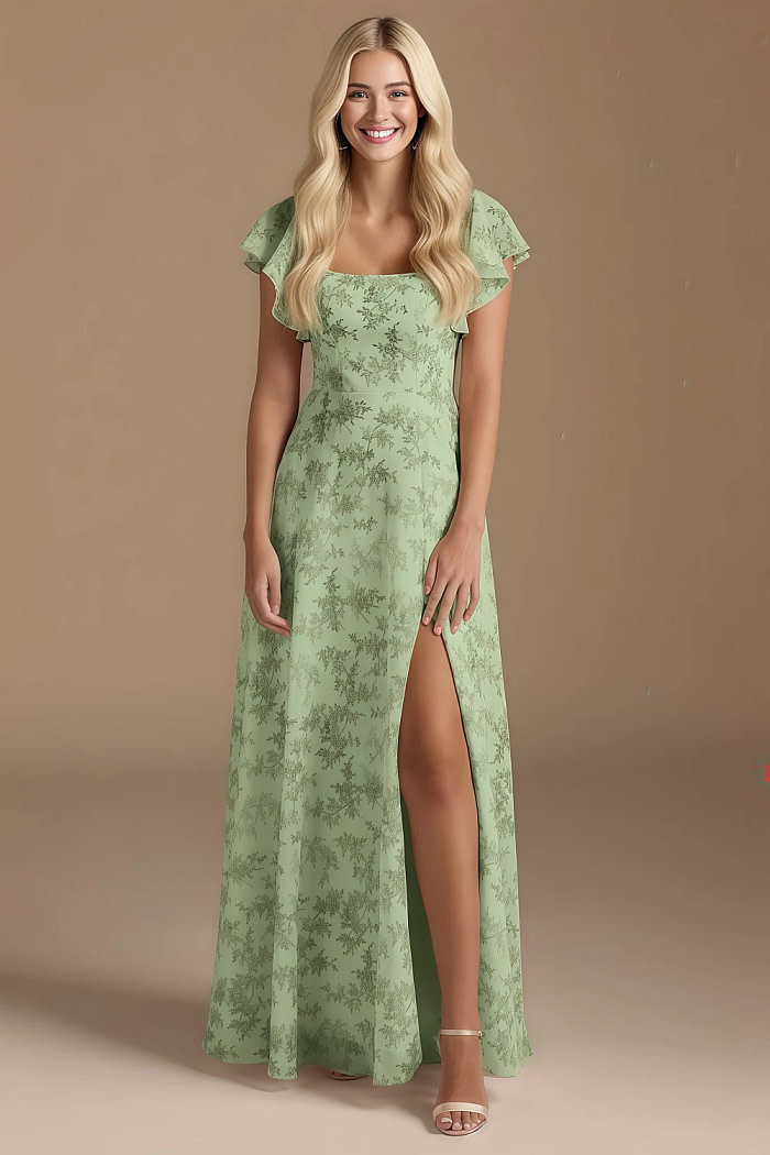 Exclusivity Green Floral Bridesmaid Dresses A Line Square Neck In Chiffon With Cap Sleeved Ruffled And Slits Image833617 - Akaks