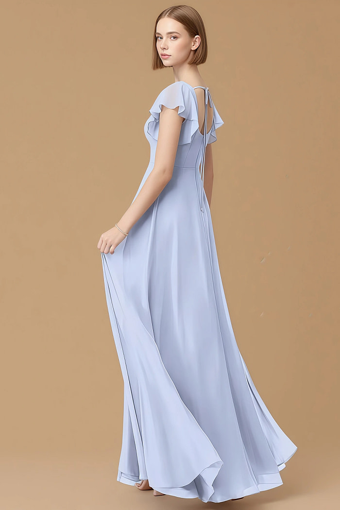 Exclusivity Ice Blue Bridesmaid Dresses A Line Square Neck In Chiffon With Cap Sleeved Ruffled And Slits Image323221