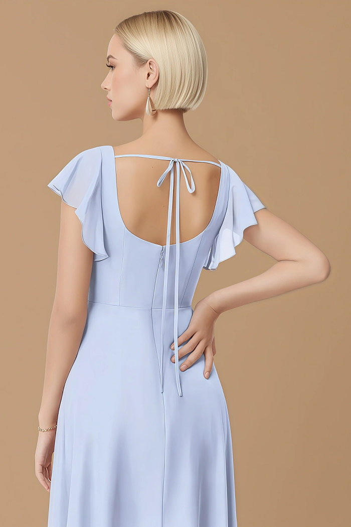 Exclusivity Ice Blue Bridesmaid Dresses A Line Square Neck In Chiffon With Cap Sleeved Ruffled And Slits Image468814