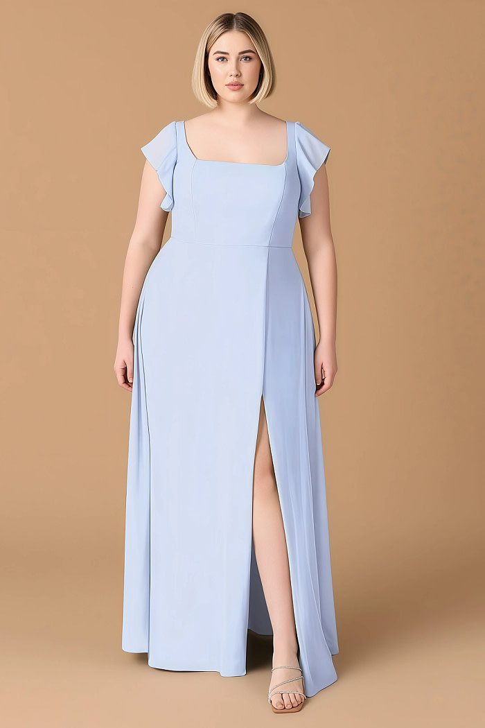Exclusivity Ice Blue Bridesmaid Dresses A Line Square Neck In Chiffon With Cap Sleeved Ruffled And Slits Image719548