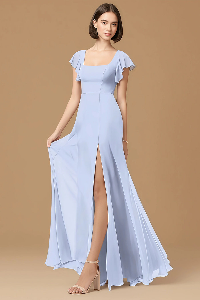 Exclusivity Ice Blue Bridesmaid Dresses A Line Square Neck In Chiffon With Cap Sleeved Ruffled And Slits Image890401