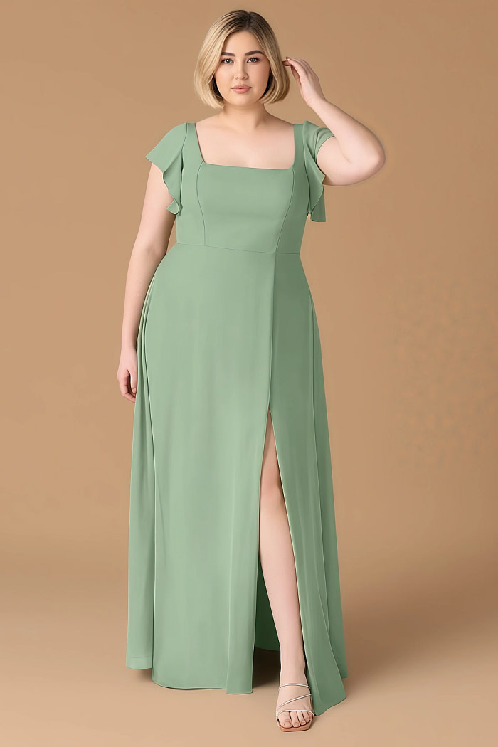 Exclusivity Matcha Bridesmaid Dresses A Line Square Neck In Chiffon With Cap Sleeved Ruffled And Slits Image110830
