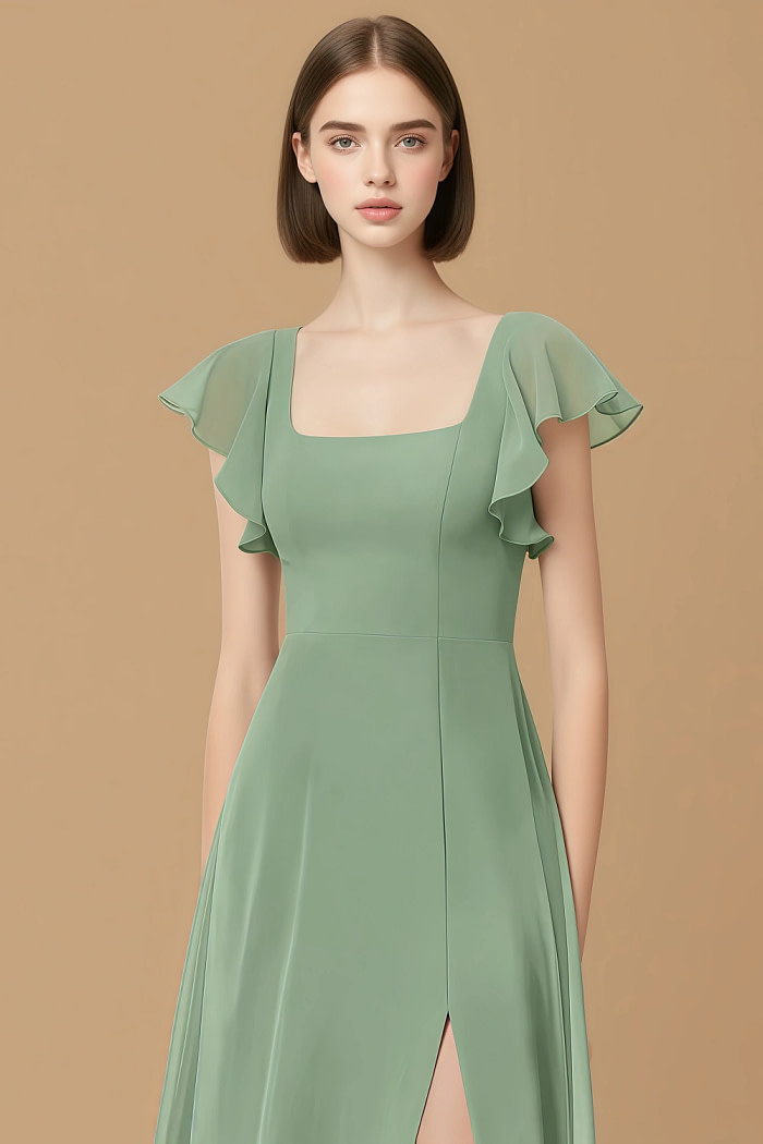 Exclusivity Matcha Bridesmaid Dresses A Line Square Neck In Chiffon With Cap Sleeved Ruffled And Slits Image142473