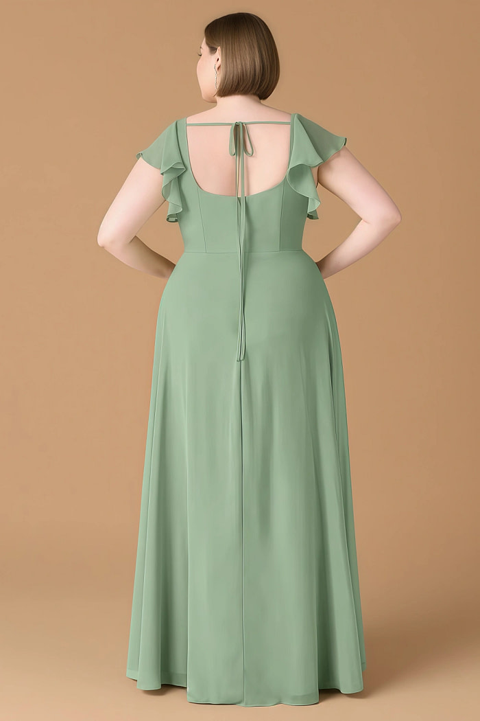 Exclusivity Matcha Bridesmaid Dresses A Line Square Neck In Chiffon With Cap Sleeved Ruffled And Slits Image249739