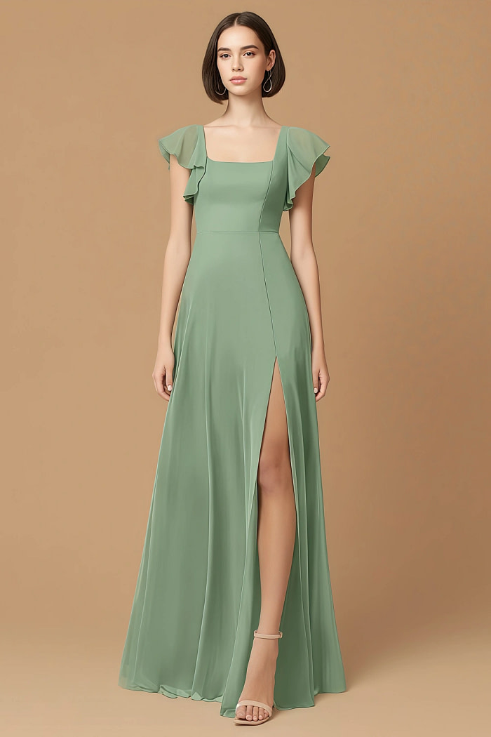 Exclusivity Matcha Bridesmaid Dresses A Line Square Neck In Chiffon With Cap Sleeved Ruffled And Slits Image542954