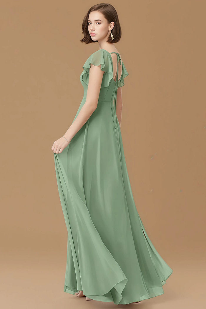 Exclusivity Matcha Bridesmaid Dresses A Line Square Neck In Chiffon With Cap Sleeved Ruffled And Slits Image896739