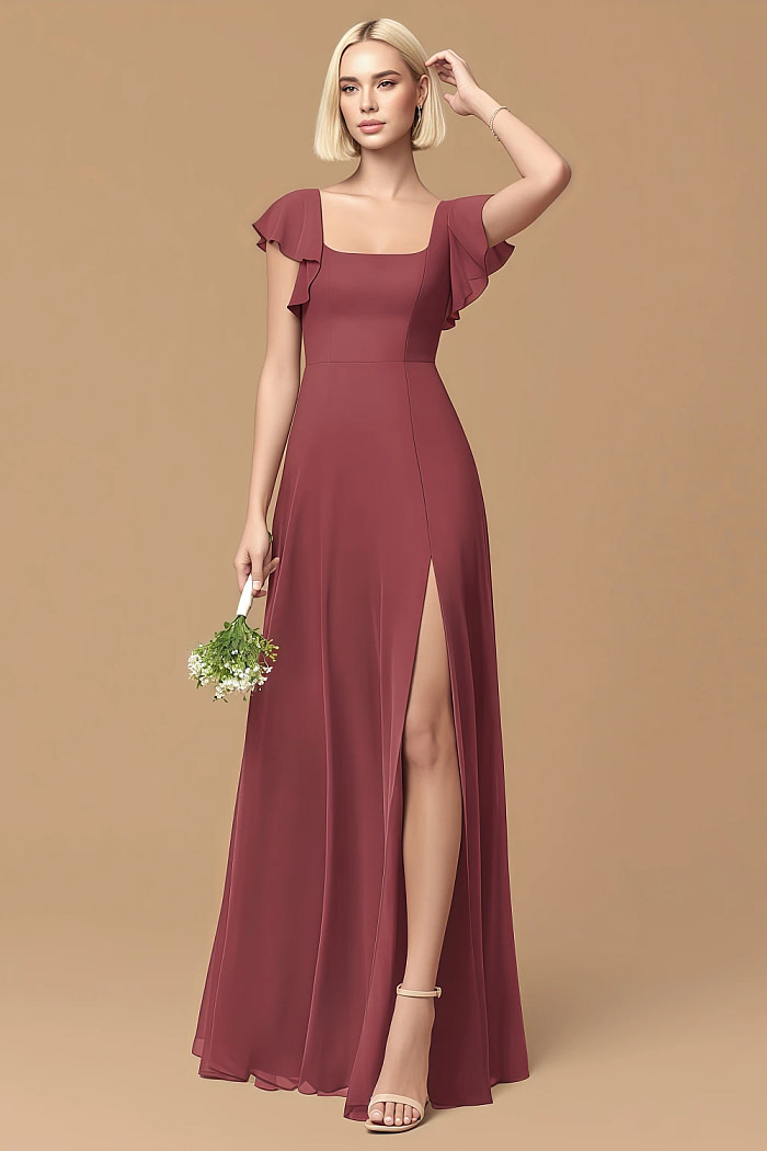 Exclusivity Merlot Bridesmaid Dresses A Line Square Neck In Chiffon With Cap Sleeved Ruffled And Slits Image141604 - Akaks