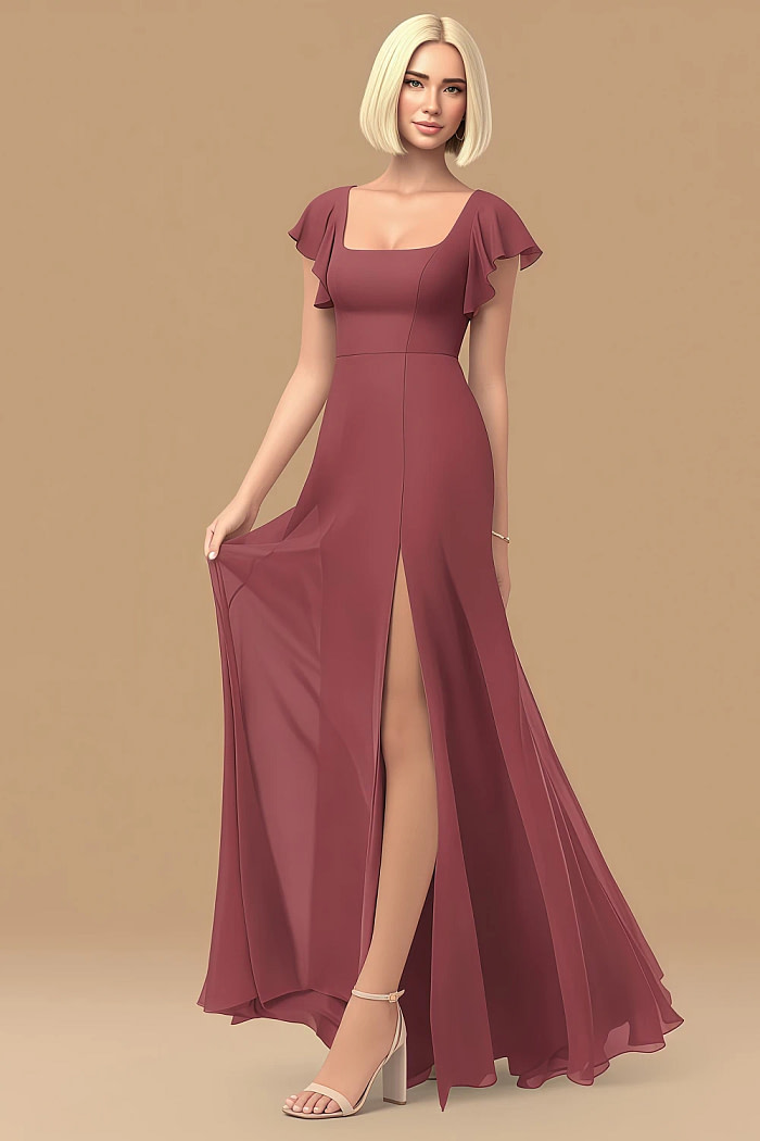 Exclusivity Merlot Bridesmaid Dresses A Line Square Neck In Chiffon With Cap Sleeved Ruffled And Slits Image193344 - Akaks