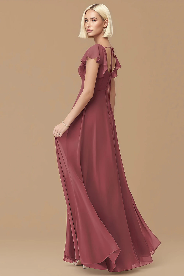 Exclusivity Merlot Bridesmaid Dresses A Line Square Neck In Chiffon With Cap Sleeved Ruffled And Slits Image861321 - Akaks