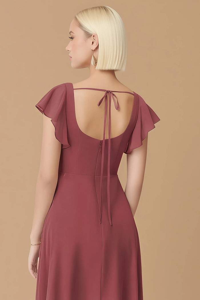 Exclusivity Merlot Bridesmaid Dresses A Line Square Neck In Chiffon With Cap Sleeved Ruffled And Slits Image872081 - Akaks