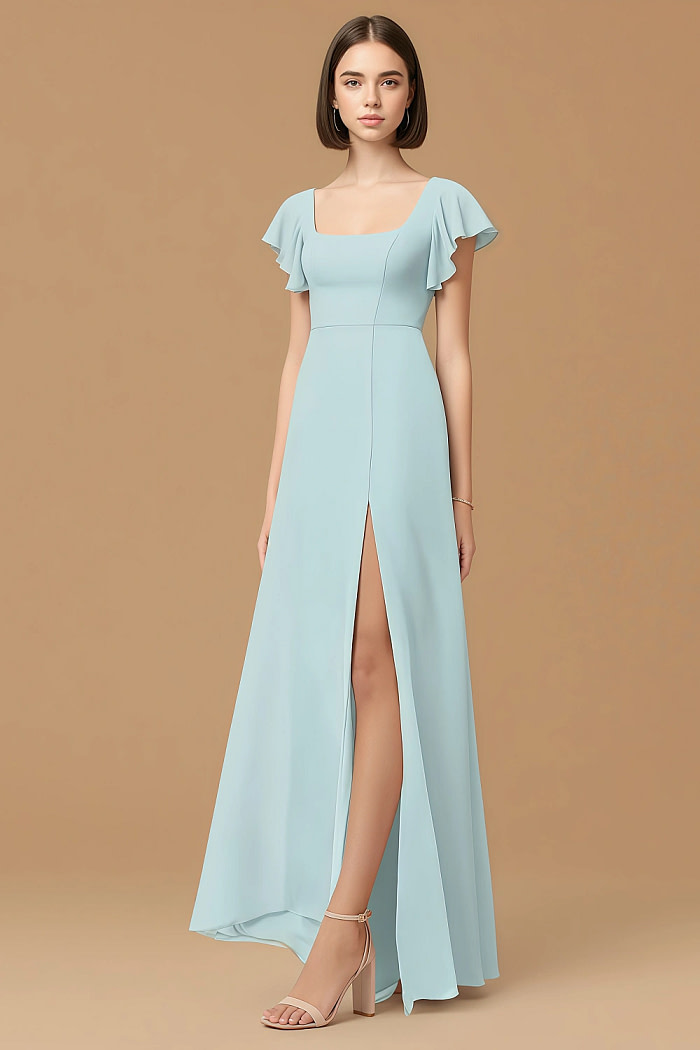 Exclusivity Mist Blue Bridesmaid Dresses A Line Square Neck In Chiffon With Cap Sleeved Ruffled And Slits Image427075