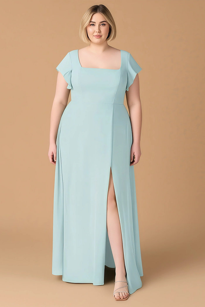 Exclusivity Mist Blue Bridesmaid Dresses A Line Square Neck In Chiffon With Cap Sleeved Ruffled And Slits Image478021