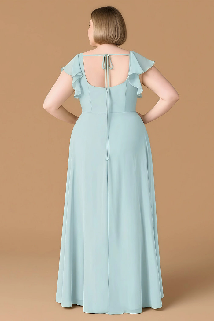 Exclusivity Mist Blue Bridesmaid Dresses A Line Square Neck In Chiffon With Cap Sleeved Ruffled And Slits Image509684