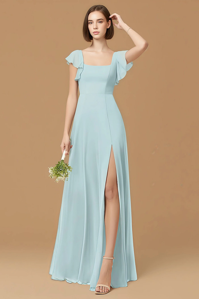 Exclusivity Mist Blue Bridesmaid Dresses A Line Square Neck In Chiffon With Cap Sleeved Ruffled And Slits Image717502