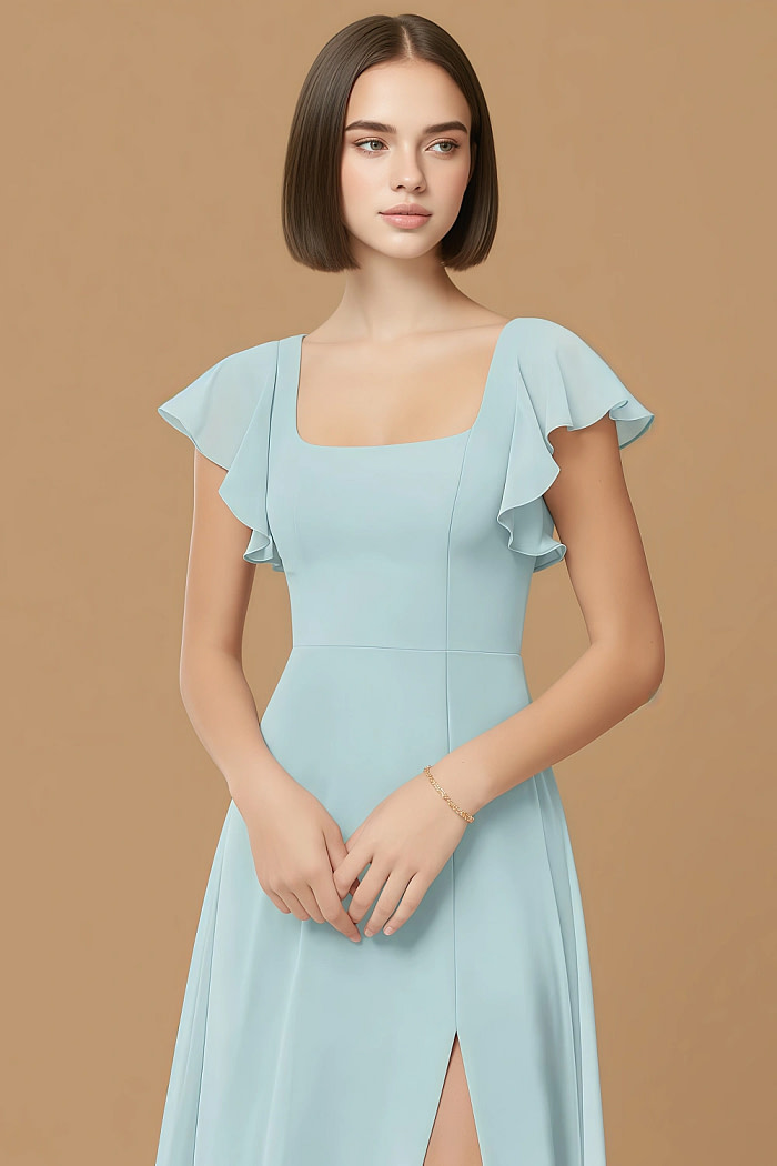 Exclusivity Mist Blue Bridesmaid Dresses A Line Square Neck In Chiffon With Cap Sleeved Ruffled And Slits Image725738