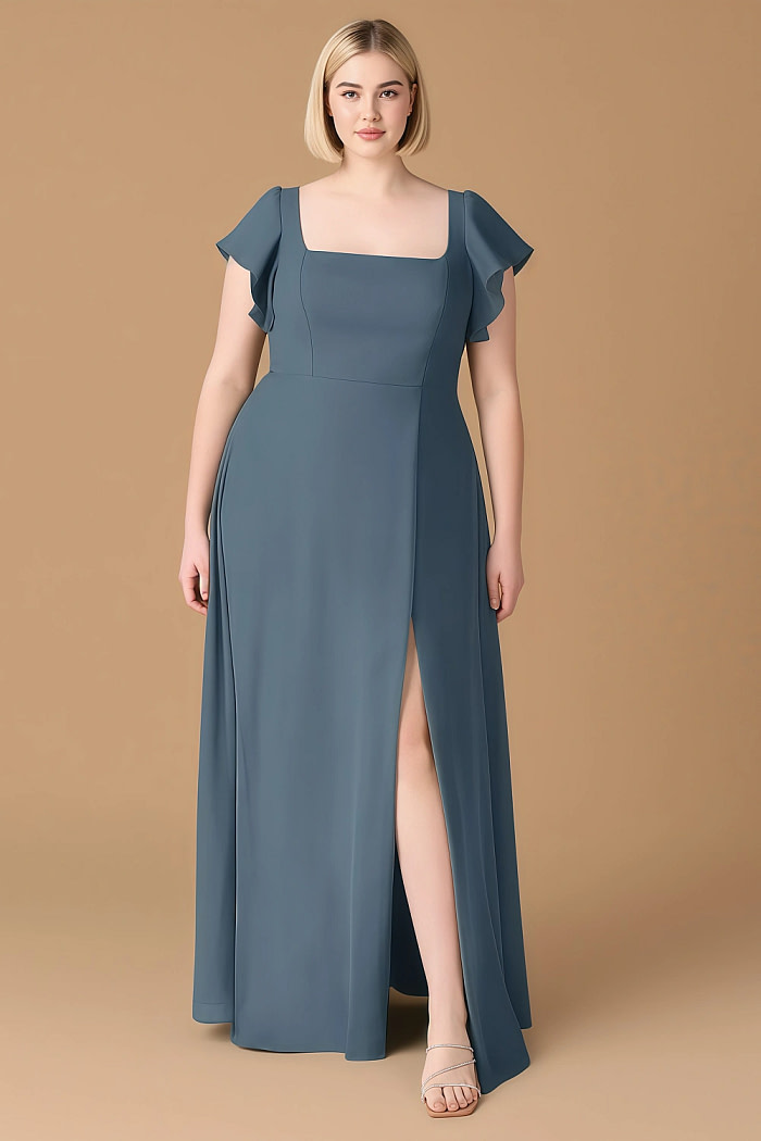 Exclusivity Neptune Color Bridesmaid Dresses A Line Square Neck In Chiffon With Cap Sleeved Ruffled And Slits Image102498