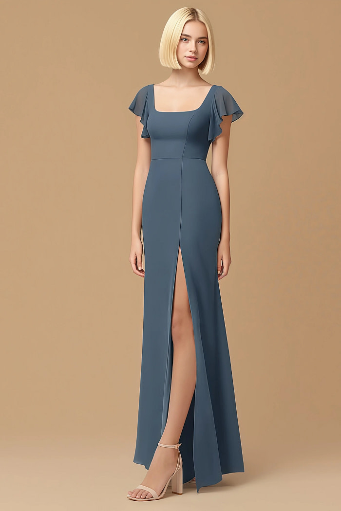 Exclusivity Neptune Color Bridesmaid Dresses A Line Square Neck In Chiffon With Cap Sleeved Ruffled And Slits Image221233