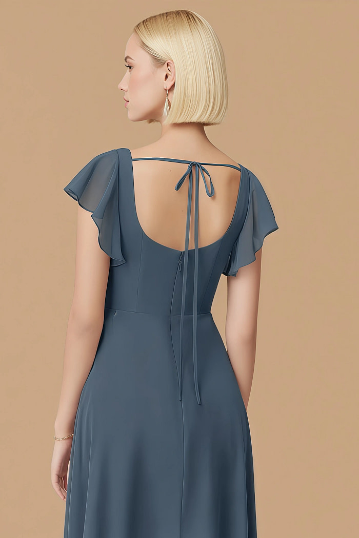 Exclusivity Neptune Color Bridesmaid Dresses A Line Square Neck In Chiffon With Cap Sleeved Ruffled And Slits Image373114