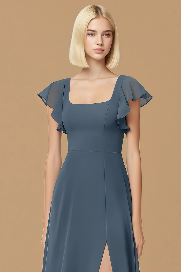 Exclusivity Neptune Color Bridesmaid Dresses A Line Square Neck In Chiffon With Cap Sleeved Ruffled And Slits Image580956