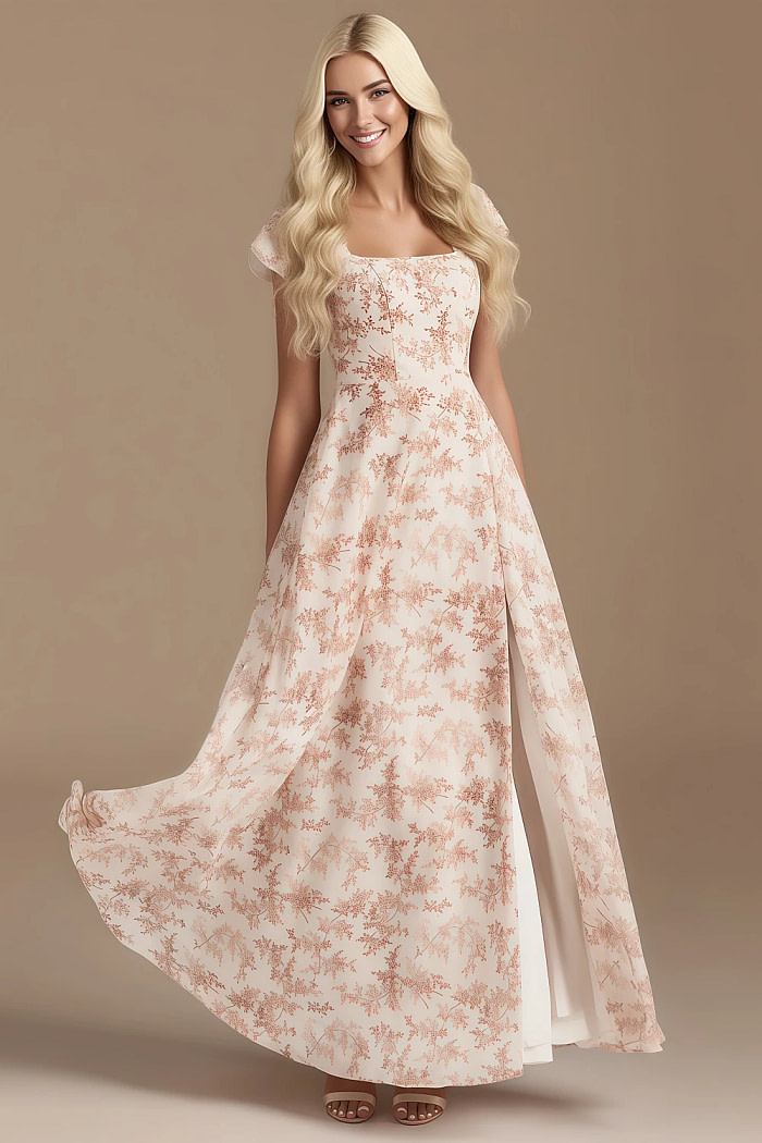 Exclusivity Pink Floral Bridesmaid Dresses A Line Square Neck In Chiffon With Cap Sleeved Ruffled And Slits Image231498 - Akaks