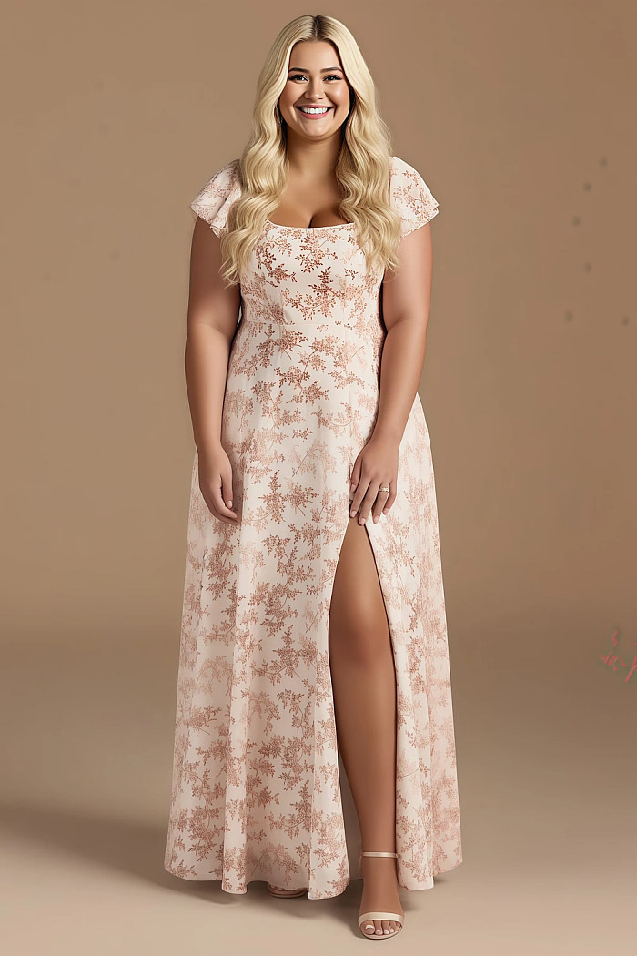 Exclusivity Pink Floral Bridesmaid Dresses A Line Square Neck In Chiffon With Cap Sleeved Ruffled And Slits Image445977 - Akaks