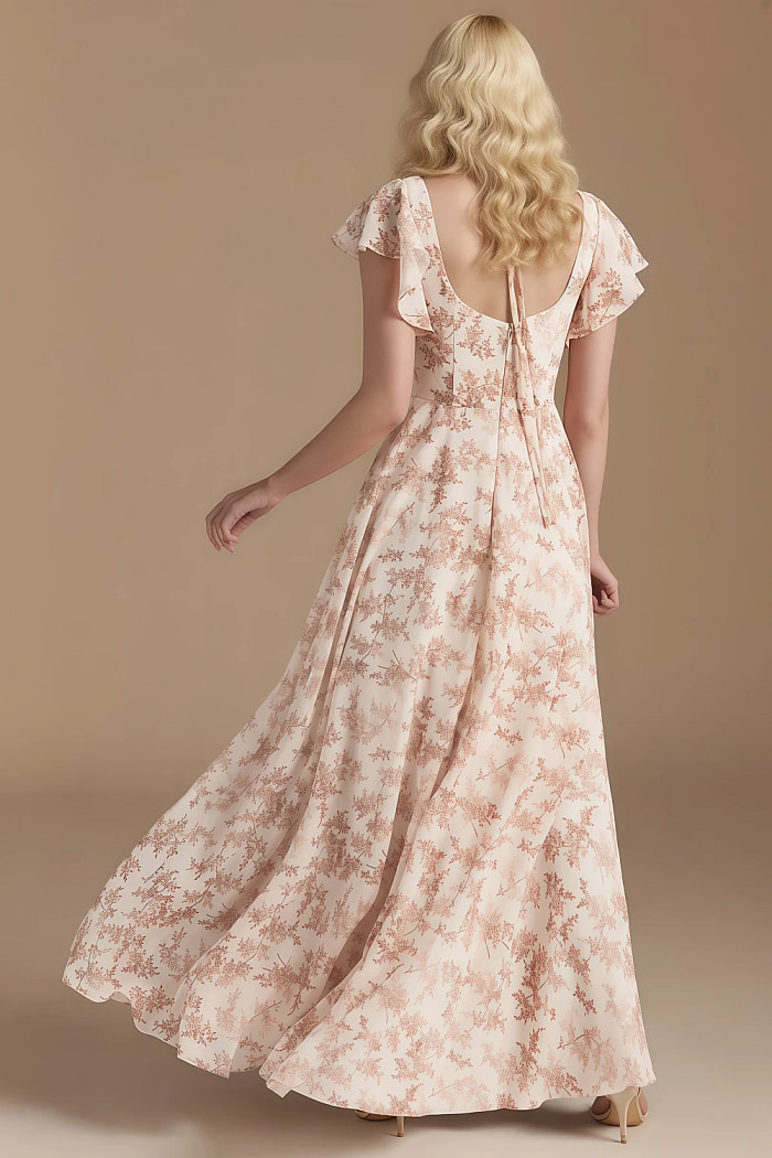 Exclusivity Pink Floral Bridesmaid Dresses A Line Square Neck In Chiffon With Cap Sleeved Ruffled And Slits Image746908 - Akaks