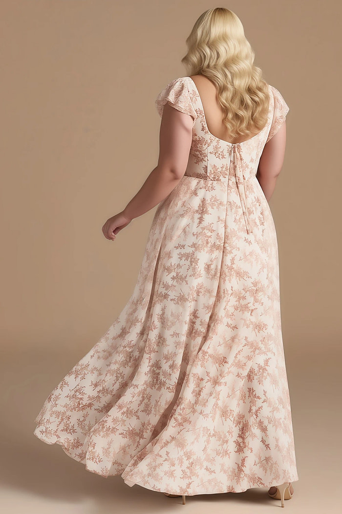 Exclusivity Pink Floral Bridesmaid Dresses A Line Square Neck In Chiffon With Cap Sleeved Ruffled And Slits Image780142 - Akaks