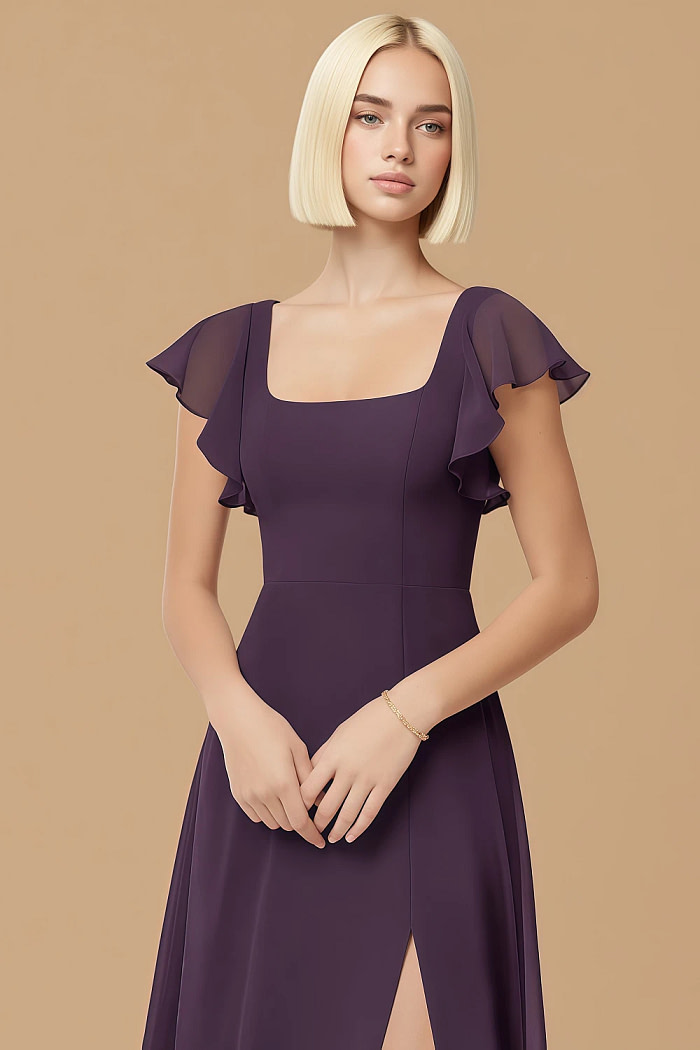 Exclusivity Plum Bridesmaid Dresses A Line Square Neck In Chiffon With Cap Sleeved Ruffled And Slits Image114649 - Akaks