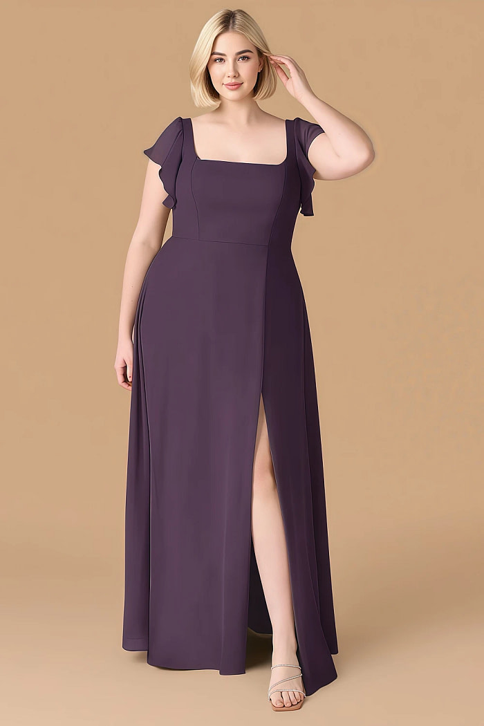 Exclusivity Plum Bridesmaid Dresses A Line Square Neck In Chiffon With Cap Sleeved Ruffled And Slits Image170491 - Akaks