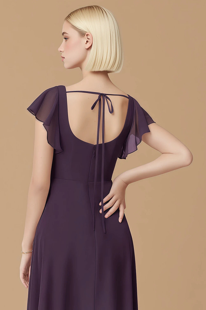 Exclusivity Plum Bridesmaid Dresses A Line Square Neck In Chiffon With Cap Sleeved Ruffled And Slits Image207184 - Akaks