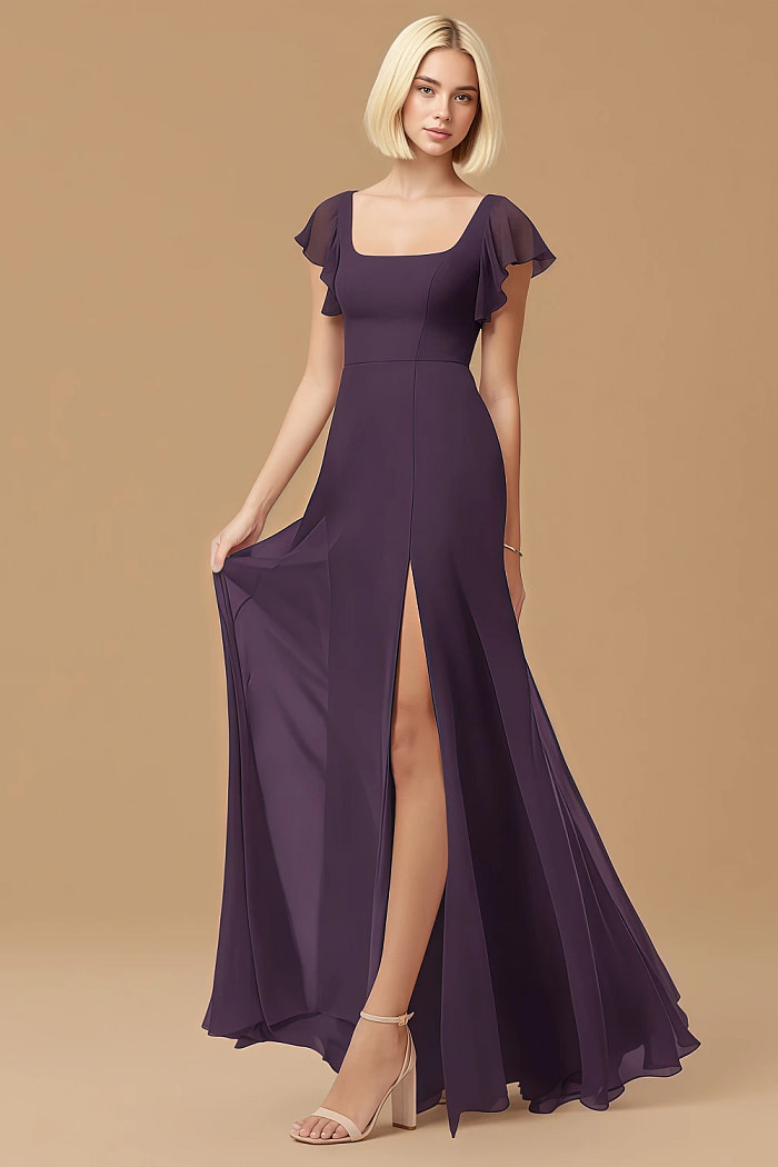 Exclusivity Plum Bridesmaid Dresses A Line Square Neck In Chiffon With Cap Sleeved Ruffled And Slits Image654906 - Akaks