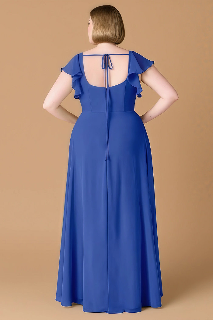 Exclusivity Royal Blue Bridesmaid Dresses A Line Square Neck In Chiffon With Cap Sleeved Ruffled And Slits Image731005