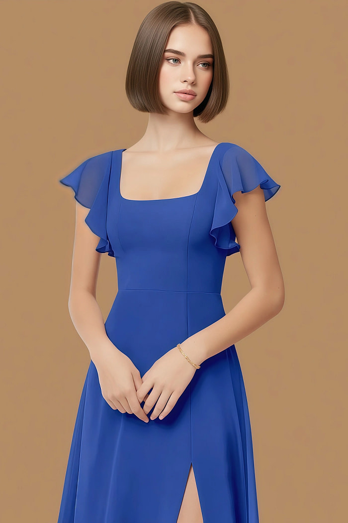 Exclusivity Royal Blue Bridesmaid Dresses A Line Square Neck In Chiffon With Cap Sleeved Ruffled And Slits Image777549