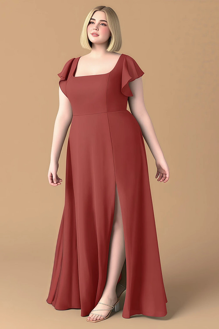 Exclusivity Rust Bridesmaid Dresses A Line Square Neck In Chiffon With Cap Sleeved Ruffled And Slits Image275890 - Akaks