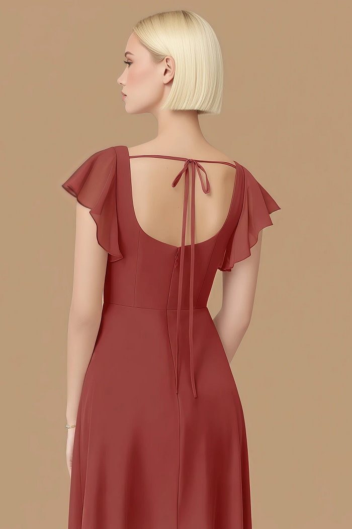 Exclusivity Rust Bridesmaid Dresses A Line Square Neck In Chiffon With Cap Sleeved Ruffled And Slits Image354753 - Akaks