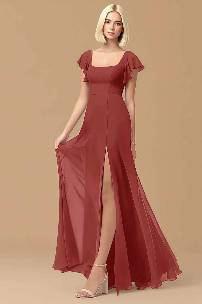 Exclusivity Rust Bridesmaid Dresses A Line Square Neck In Chiffon With Cap Sleeved Ruffled And Slits Image692525 - Akaks