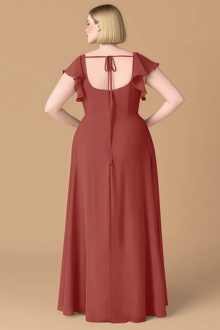 Exclusivity Rust Bridesmaid Dresses A Line Square Neck In Chiffon With Cap Sleeved Ruffled And Slits Image760892 - Akaks