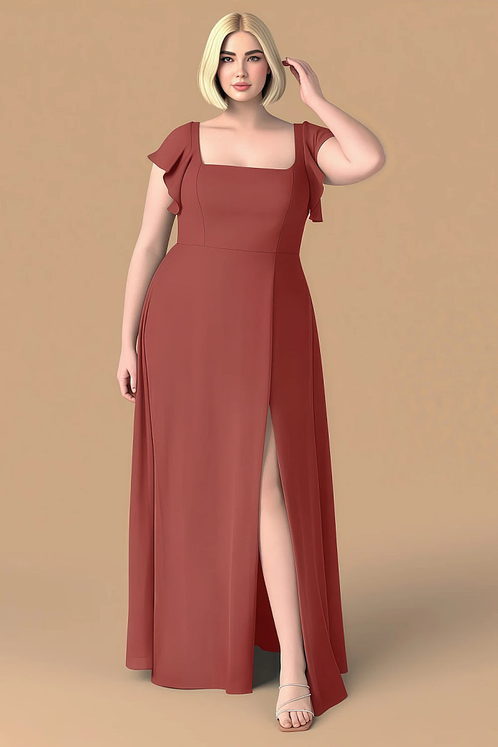 Exclusivity Rust Bridesmaid Dresses A Line Square Neck In Chiffon With Cap Sleeved Ruffled And Slits Image770497 - Akaks