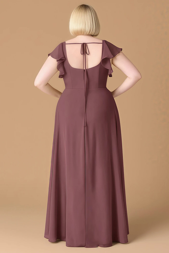 Exclusivity Sangria Bridesmaid Dresses A Line Square Neck In Chiffon With Cap Sleeved Ruffled And Slits Image527550 - Akaks