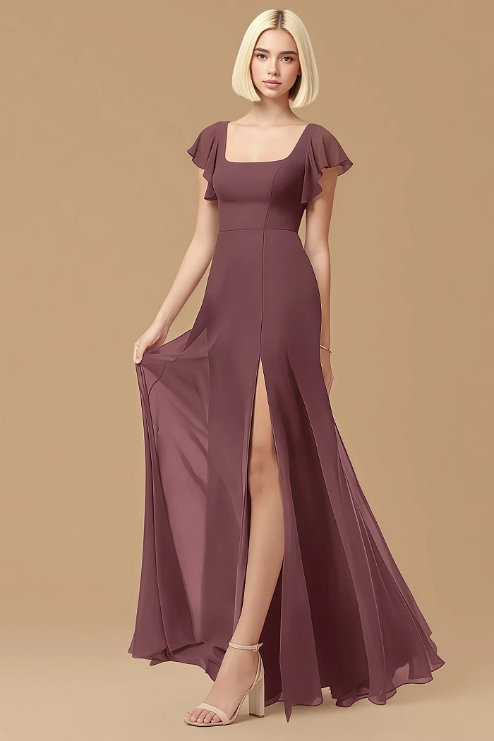Exclusivity Sangria Bridesmaid Dresses A Line Square Neck In Chiffon With Cap Sleeved Ruffled And Slits Image774980 - Akaks