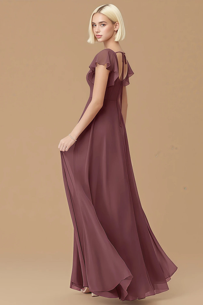 Exclusivity Sangria Bridesmaid Dresses A Line Square Neck In Chiffon With Cap Sleeved Ruffled And Slits Image895537 - Akaks