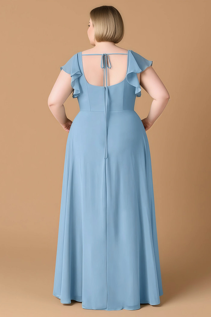 Exclusivity Steel Blue Bridesmaid Dresses A Line Square Neck In Chiffon With Cap Sleeved Ruffled And Slits Image429826