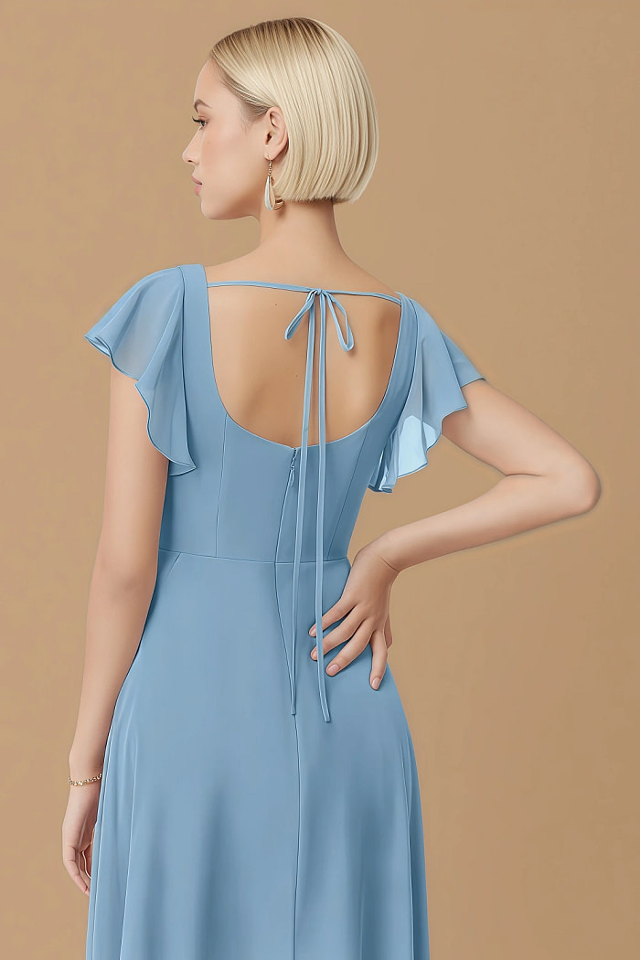 Exclusivity Steel Blue Bridesmaid Dresses A Line Square Neck In Chiffon With Cap Sleeved Ruffled And Slits Image812167