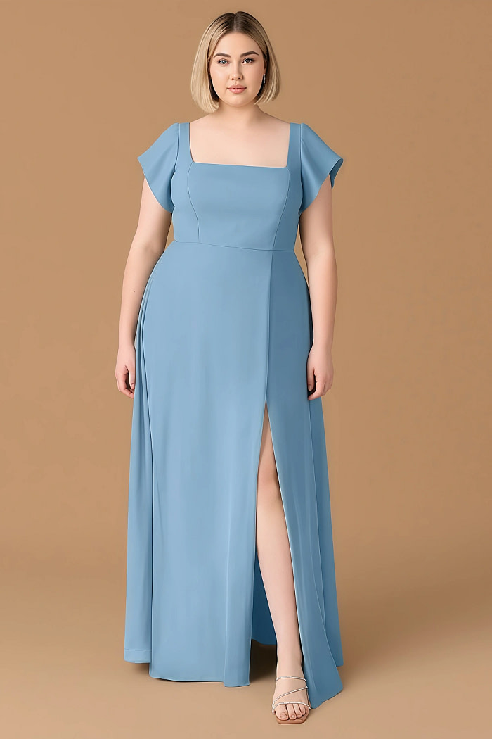 Exclusivity Steel Blue Bridesmaid Dresses A Line Square Neck In Chiffon With Cap Sleeved Ruffled And Slits Image880856
