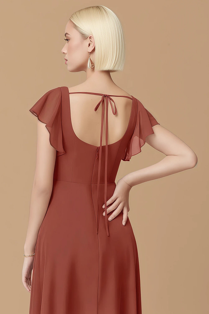 Exclusivity Terracotta Bridesmaid Dresses A Line Square Neck In Chiffon With Cap Sleeved Ruffled And Slits Image197895 - Akaks