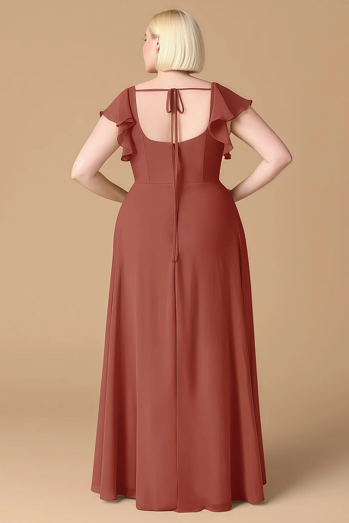 Exclusivity Terracotta Bridesmaid Dresses A Line Square Neck In Chiffon With Cap Sleeved Ruffled And Slits Image330437 - Akaks